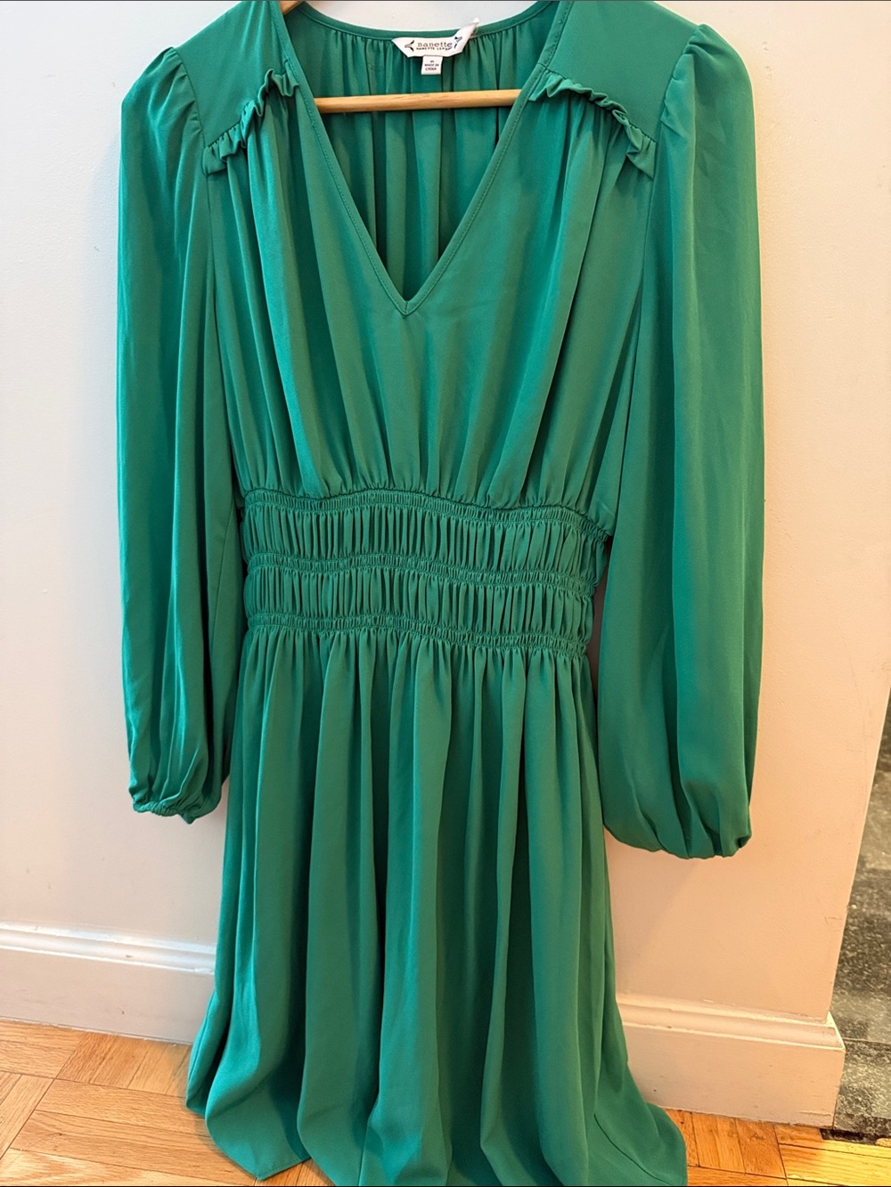 Nanette Lepore Teal V-Neck Long Sleeve Smocked Waist Dress